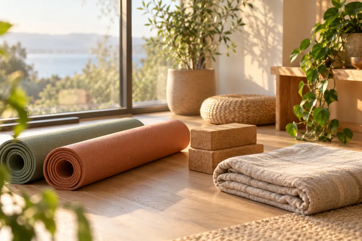 Yoga mats, blocks and a blanket by the window