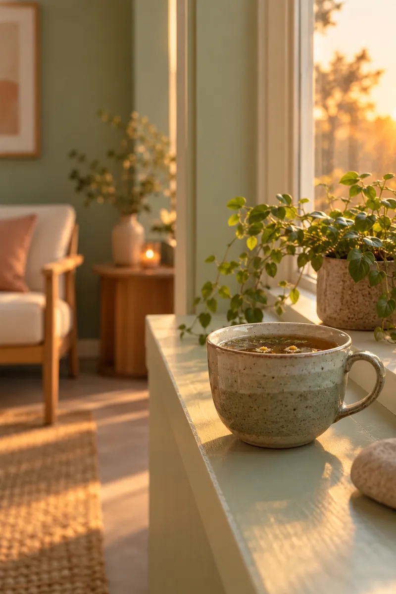 A cup of tea on the windowsill in the studio's reception