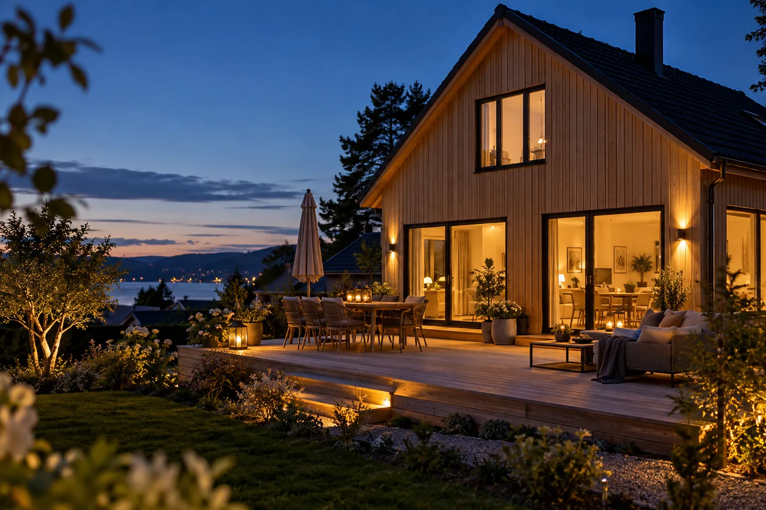 House at dusk with new wood siding and a deck
