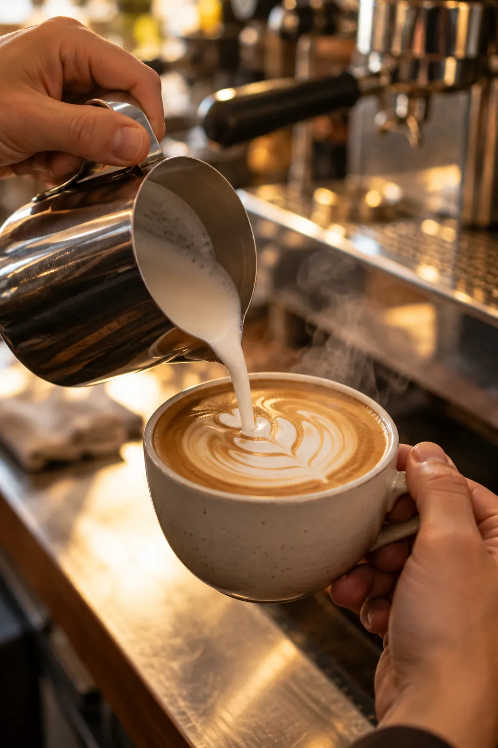 Milk being poured into a cappuccino