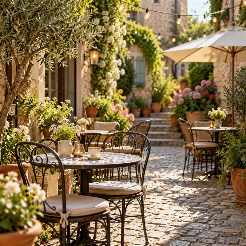 The courtyard with small tables and string lights