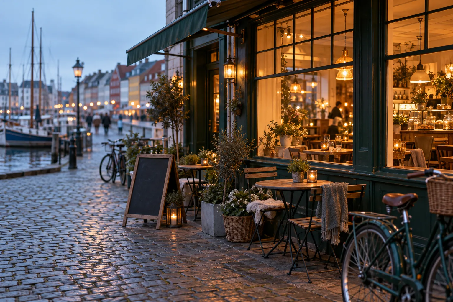 Café Lune seen from the cobblestones on the waterfront early in the morning