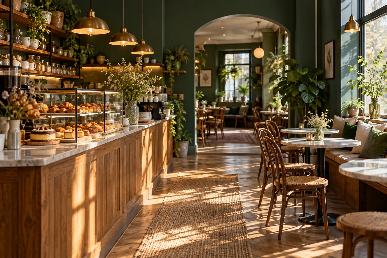 The café counter with cakes under glass and green walls
